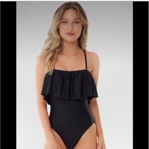 Sugar Coast by Lolli Swim Black Ruffle 1 Piece Swim Suit, High Cut, Swimwear